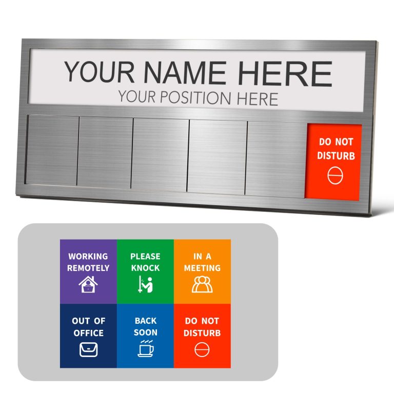 Transform Your Workspace Serenity with the Brushed Silver Desk Name Plate: 6 Privacy Signs Including Do Not Disturb, In a Meeting, and Out o